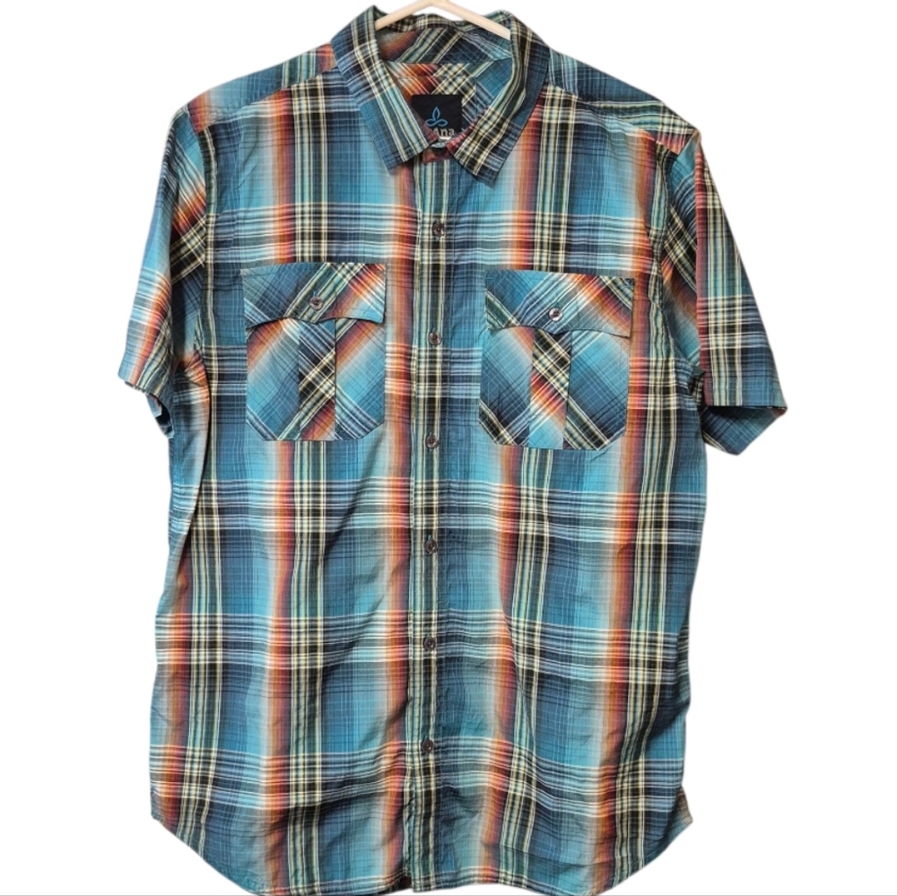 Prana Plaid Short Sleeve Shirt Men's Size Large Blue Orange Outdoor Athleisure